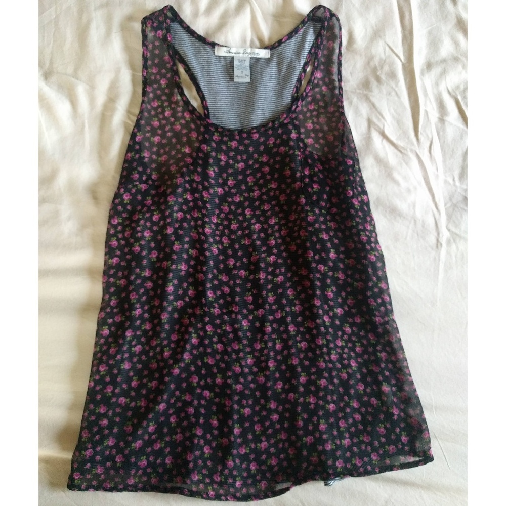 Sheer Floral Racerback Tank Top Striped Back S